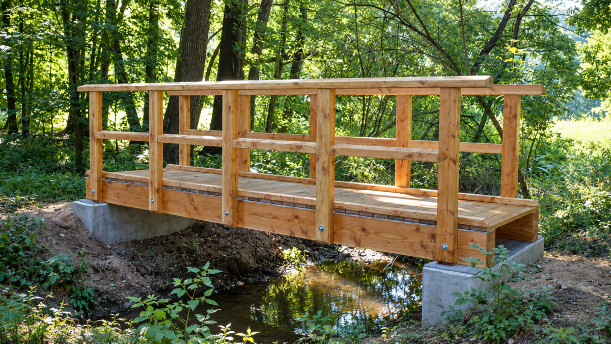 Eine Holzbrücke mit beidseitigem Geländer führt über einen schmalen Bach. Die Konstruktion aus naturfarbenen Holzbalken und Dielen ruht auf zwei Betonauflagen. Umgeben von Bäumen und dichtem Grün wird die Brücke von einfallendem Sonnenlicht beleuchtet.